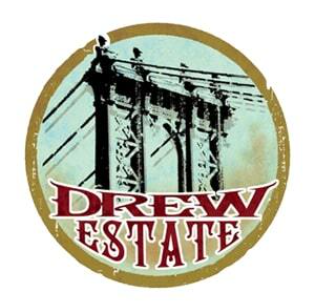 Circular logo for Drew Estate, featuring an illustration of power lines and 'DREW ESTATE' in a banner across the center.
