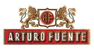 Logo for Arturo Fuente cigars, featuring two lions flanking a shield with 'AF' initials and 'ARTURO FUENTE' in red.ge