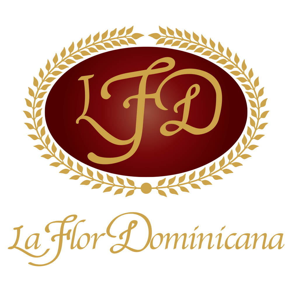 Logo for La Flor Dominicana, a red oval with 'LFD' in gold script, surrounded by a gold wreath, and 'La Flor Dominicana' written below.