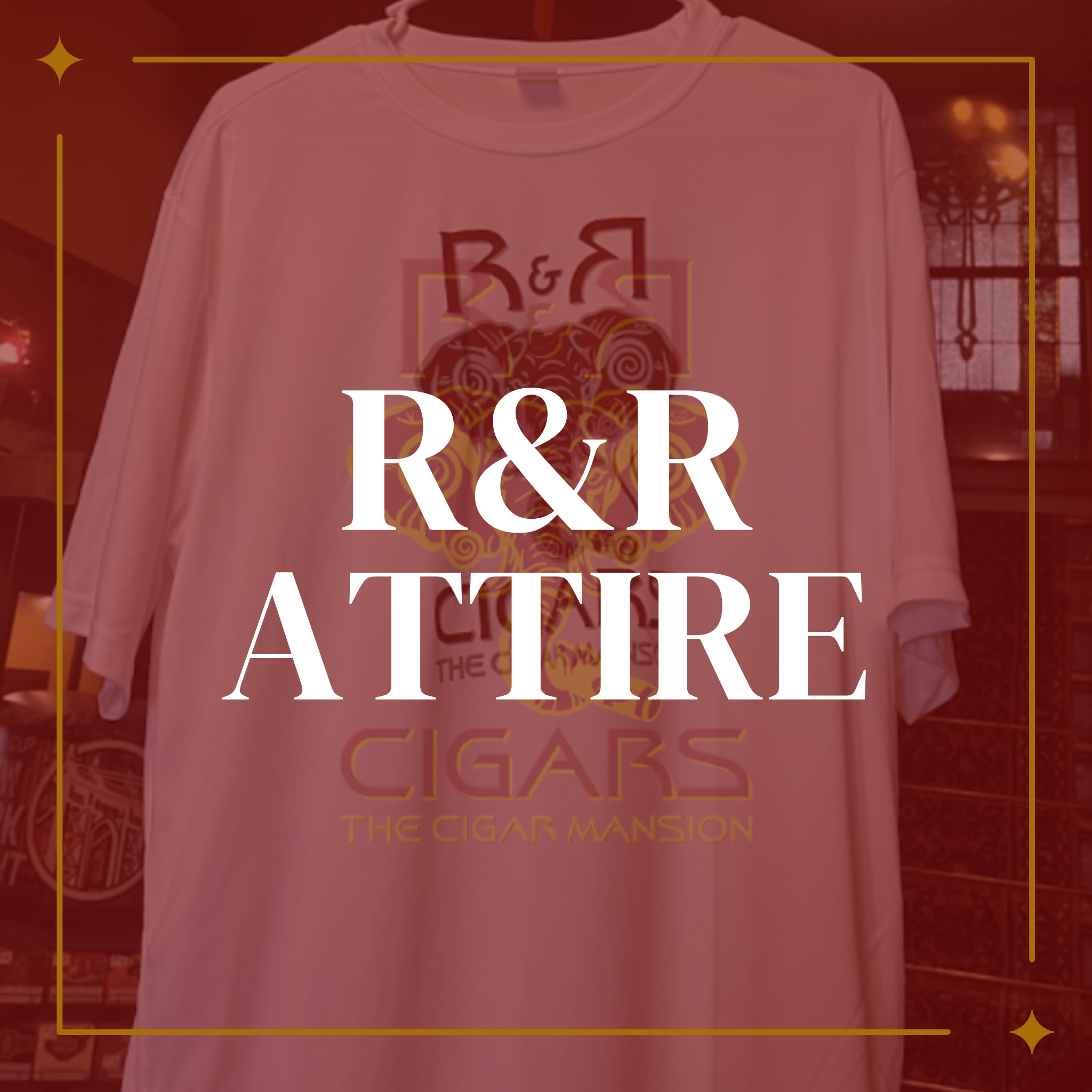 RandR Cigars branded apparel featuring a logo t-shirt displayed at The Cigar Mansion.