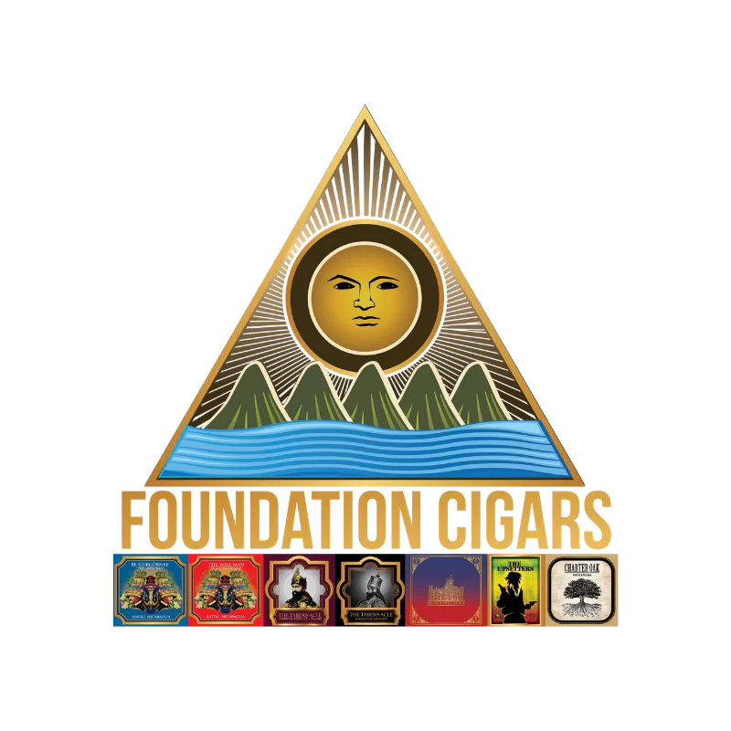 Logo for Foundation Cigars, a triangular design with a sun and mountains over water, and 'FOUNDATION CIGARS' below. Small cigar band illustrations are at the very bottom.