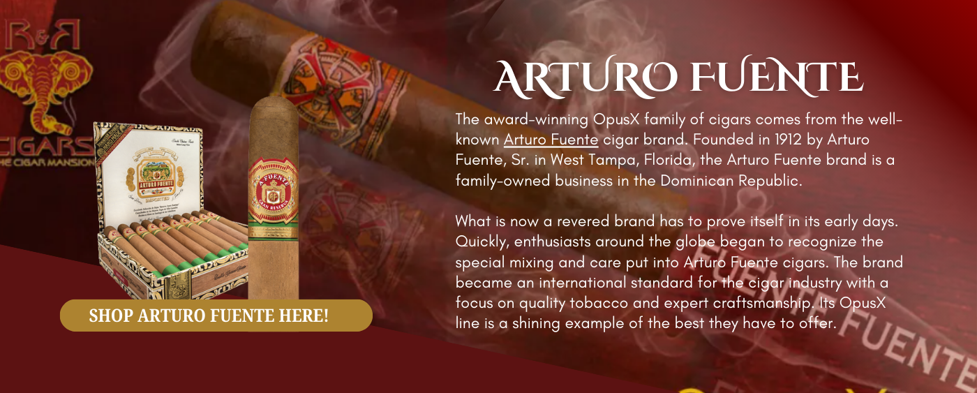Arturo Fuente cigars banner featuring the OpusX line with open cigar box and single cigar in foreground, showcasing premium branding. Highlighting the heritage and quality of Arturo Fuente cigars available for purchase.